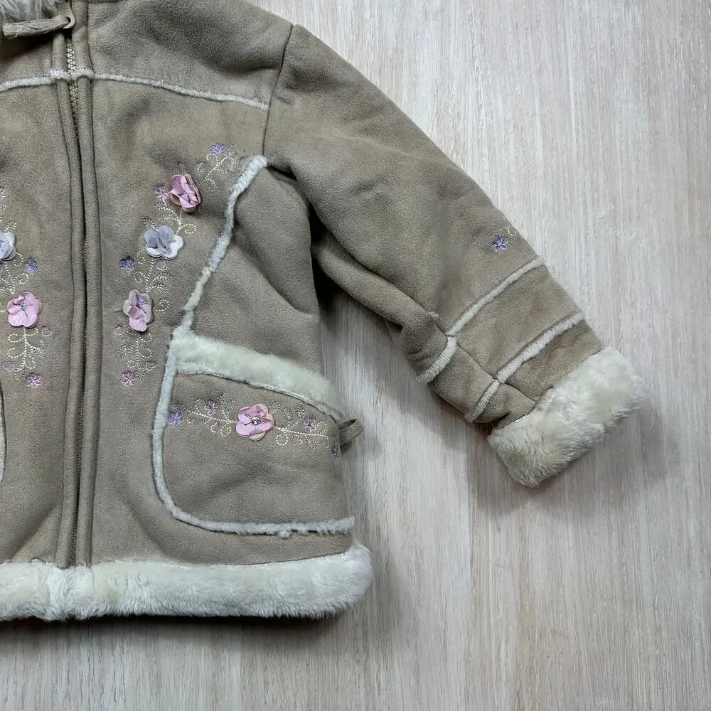 Arizona Jean Co Girls Tan Faux Suede Sherpa Embroidered Y2K Hooded Winter Coat 4